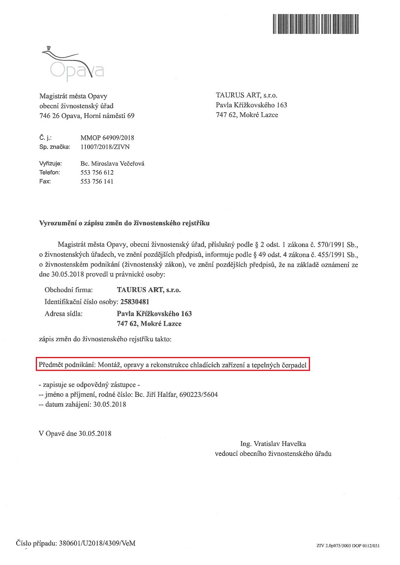 Výpis ze ŽR - Montáž, orpavy a rekonstrukce chladících zařízení a tepelných čerpadel